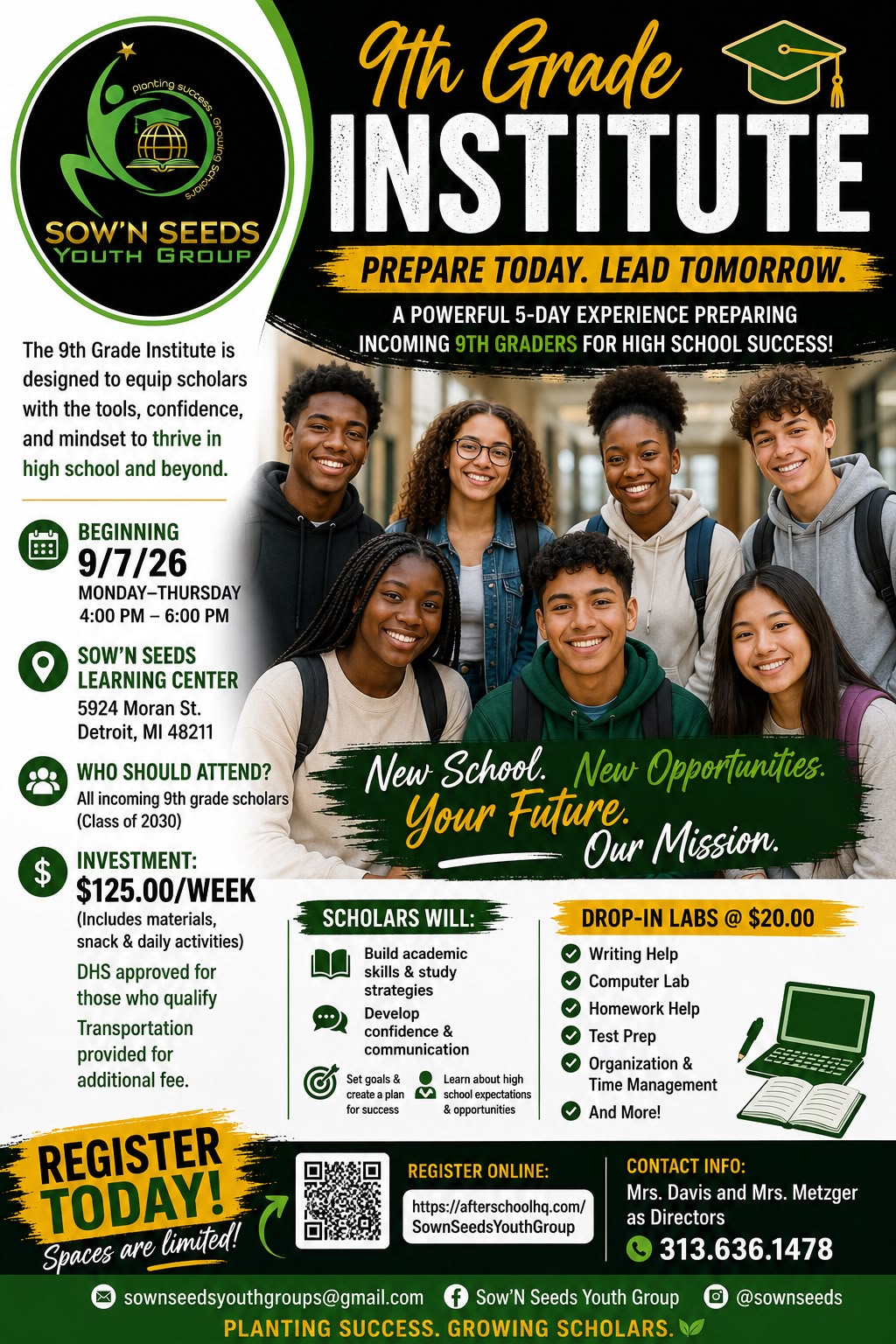 9th Grade Institute flyer with program dates, location, tuition, and registration details