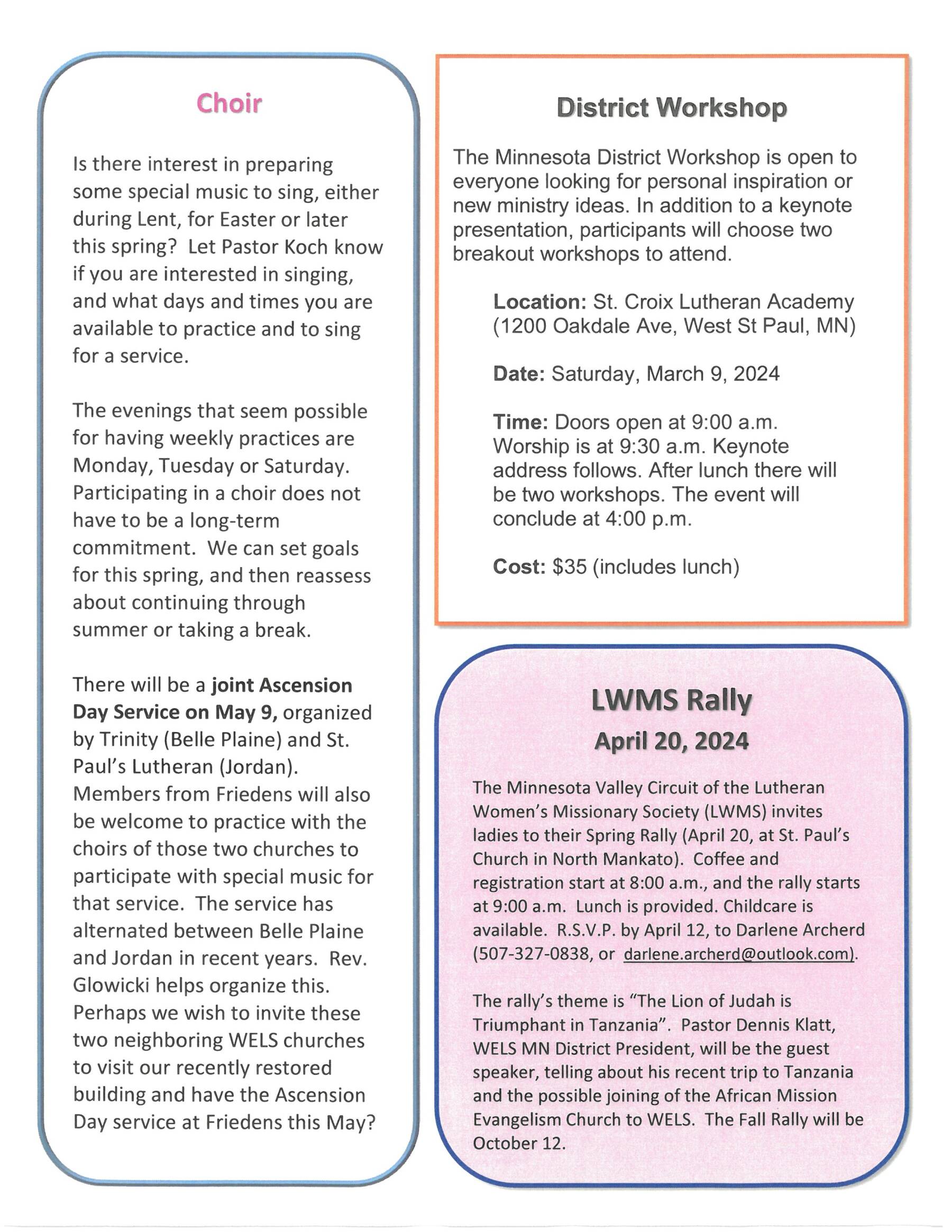 Newsletter Friedens Lutheran Church