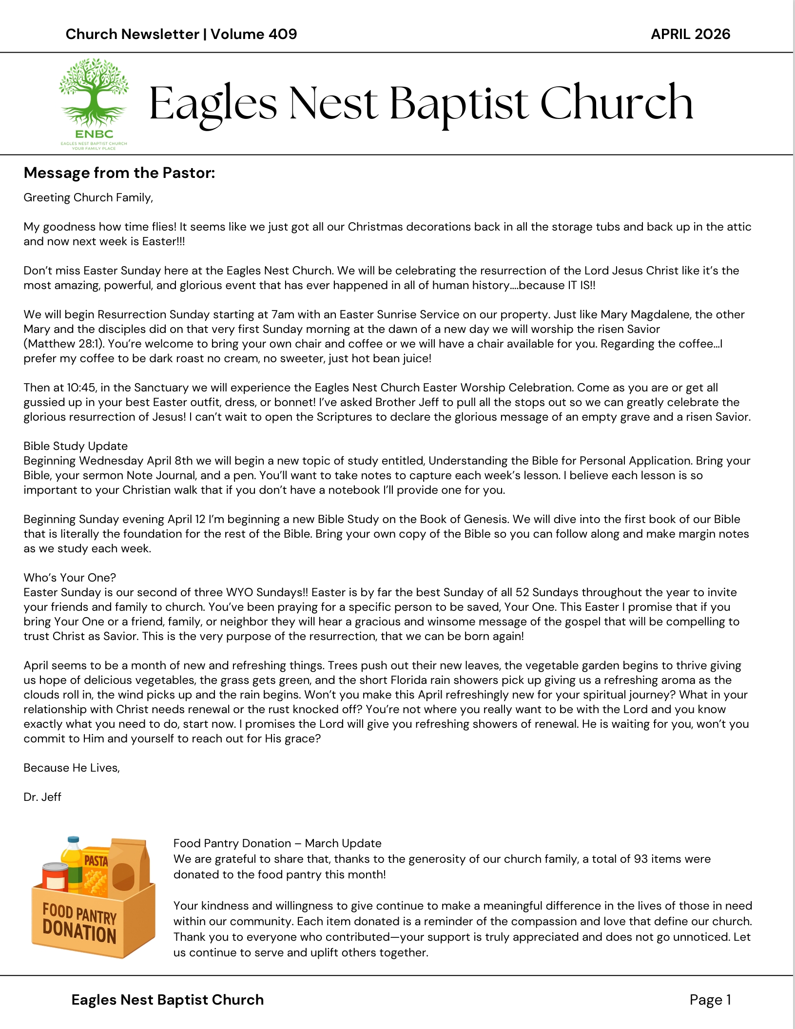 Monthly Newsletter - April 2026 - Eagles Nest Baptist Church
