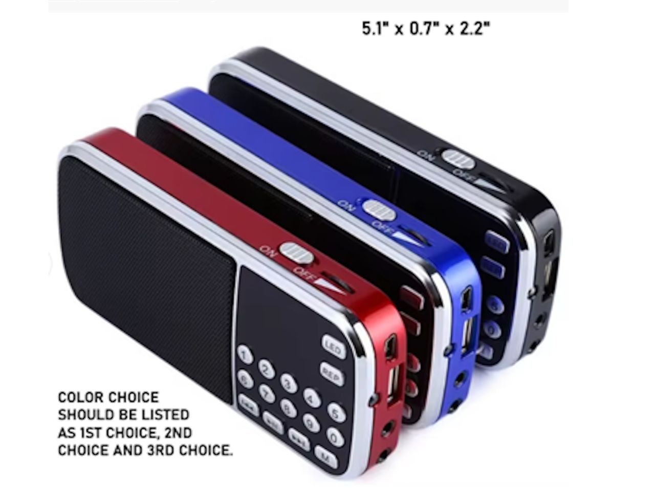 Compact rectangular handheld audio player, about 5 inches long, shown in red, blue, and black. Each has a silver trim, a speaker grille on the left, a small LCD screen, a numeric keypad with round buttons, a sliding ON/OFF switch on top, and a headphone jack and USB/card ports on the side.