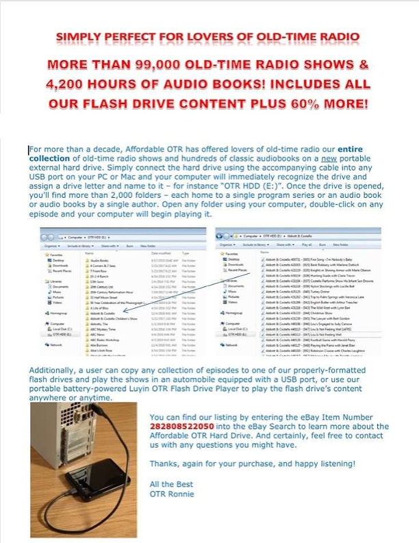 Promotional flyer for the Affordable OTR external hard drive, containing more than 99,000 old-time radio shows and 4,200 hours of audiobooks across over 2,000 folders. Plugs into any PC or Mac USB port. Available on eBay, item number 282808522050, from seller OTR Ronnie.